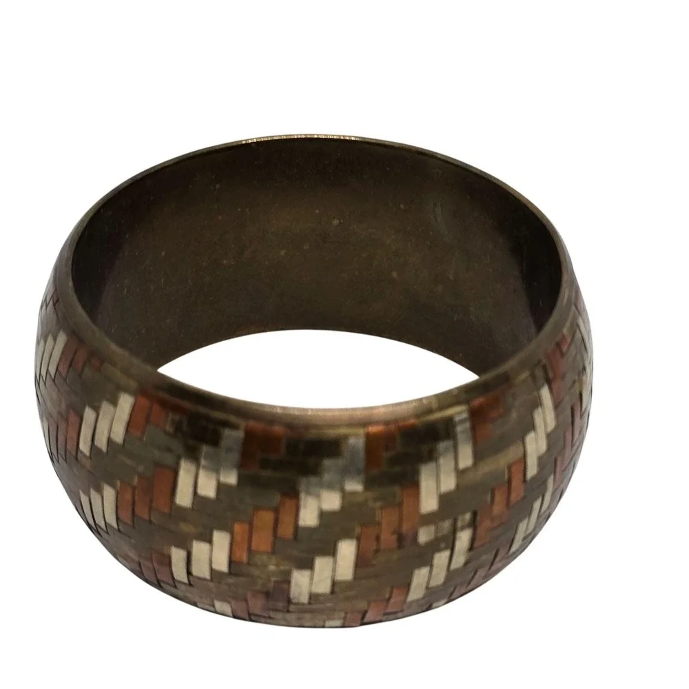 Vtg Mixed Metal Inlay Wide Bangle Bracelet Copper Brass Silver Tone Woven Patern